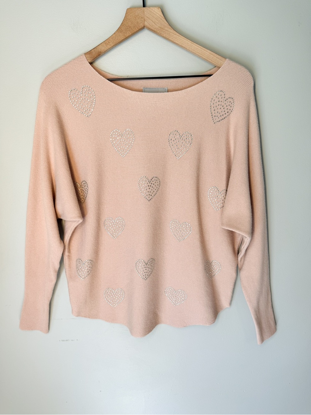 LIV Milano Blush Pink Rhinestone Heart Coquette Viscose Sweater Sz M